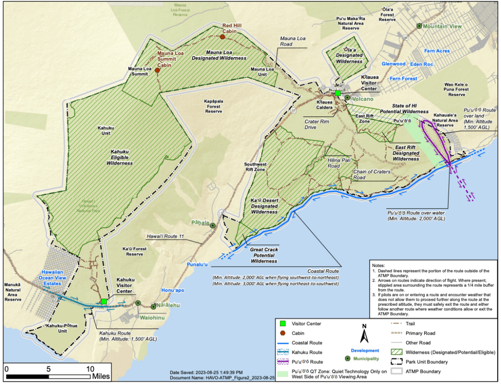 Screenshot of Hawaii Volcanoes Air Tour Management Plan showing designated routes.